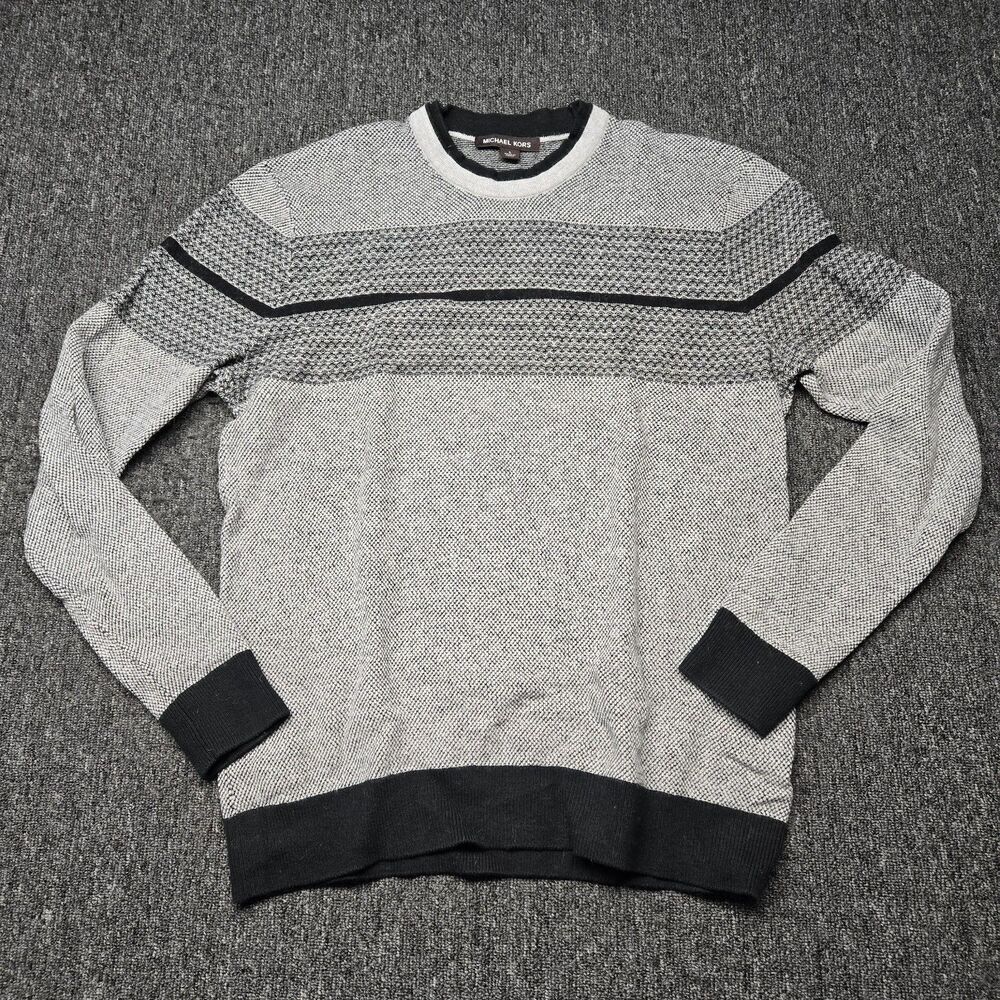 Michael Kors Pullover Sweater Mens L Gray Black Knit Casual Designer Crewneck